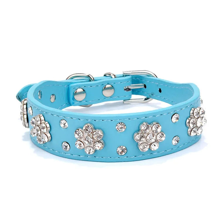 Black dog collar with studded rhinestone flower pattern and a metal D-ring on a white background