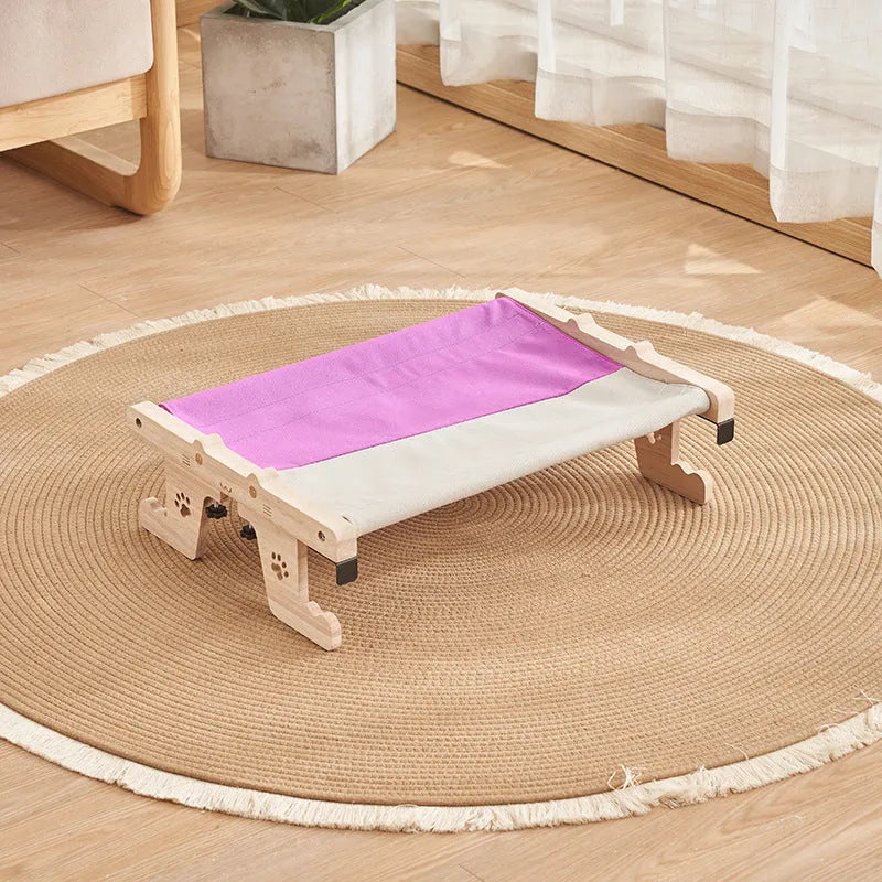 Wooden cat hanging bed hammock mounted on a balcony railing, one of seven available style variations.