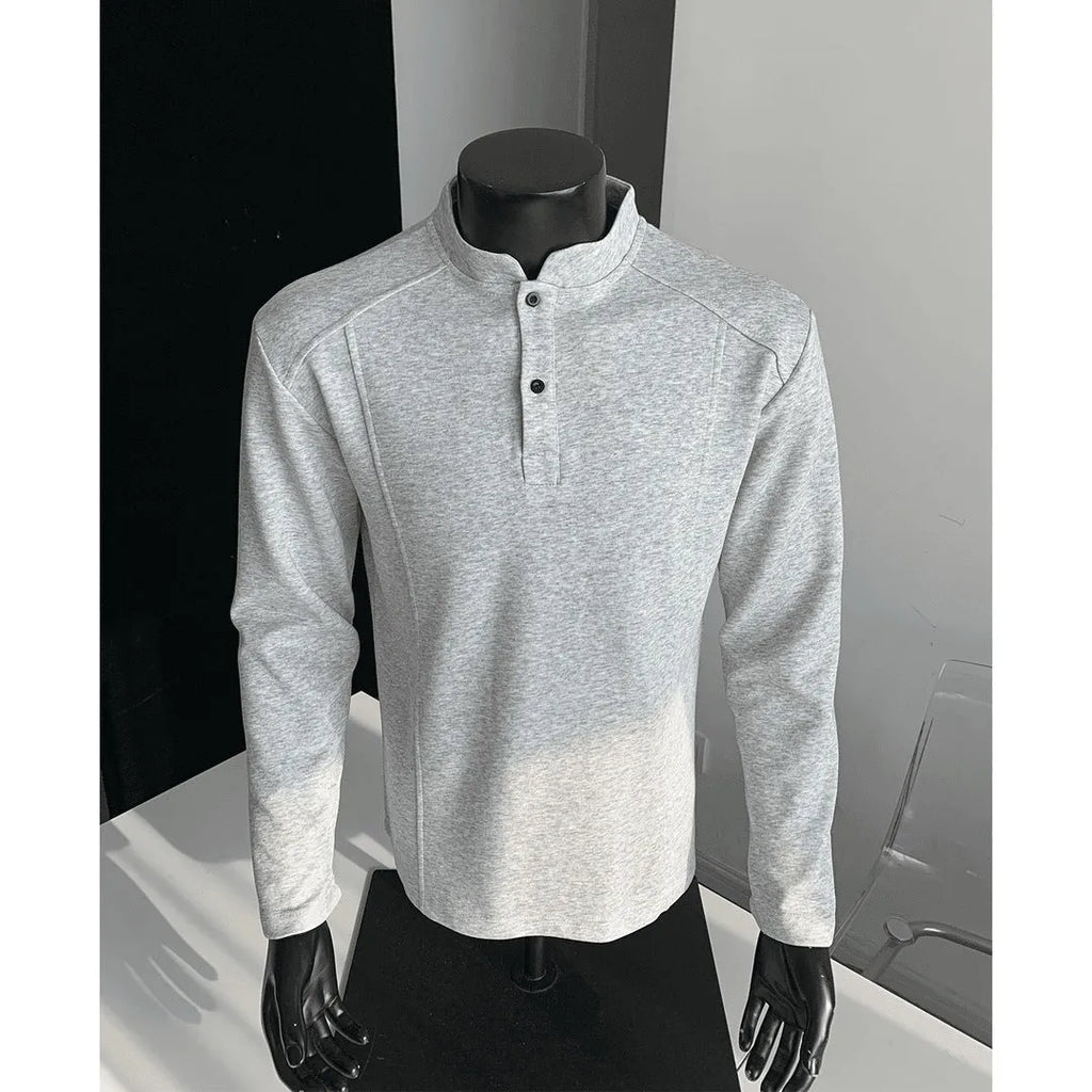 Men's patchwork stand-up collar sweater shoulder polo shirt in Chinese cotton fabric