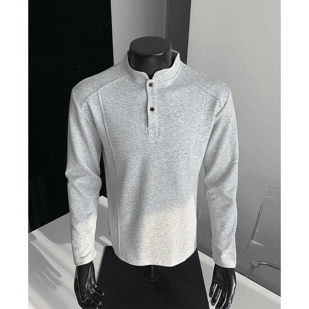 Men's patchwork stand-up collar sweater shoulder polo shirt in Chinese cotton fabric