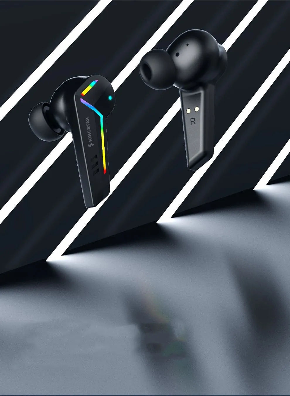 Small black TWS Bluetooth sports headset with earplug design for low-latency gaming and music.