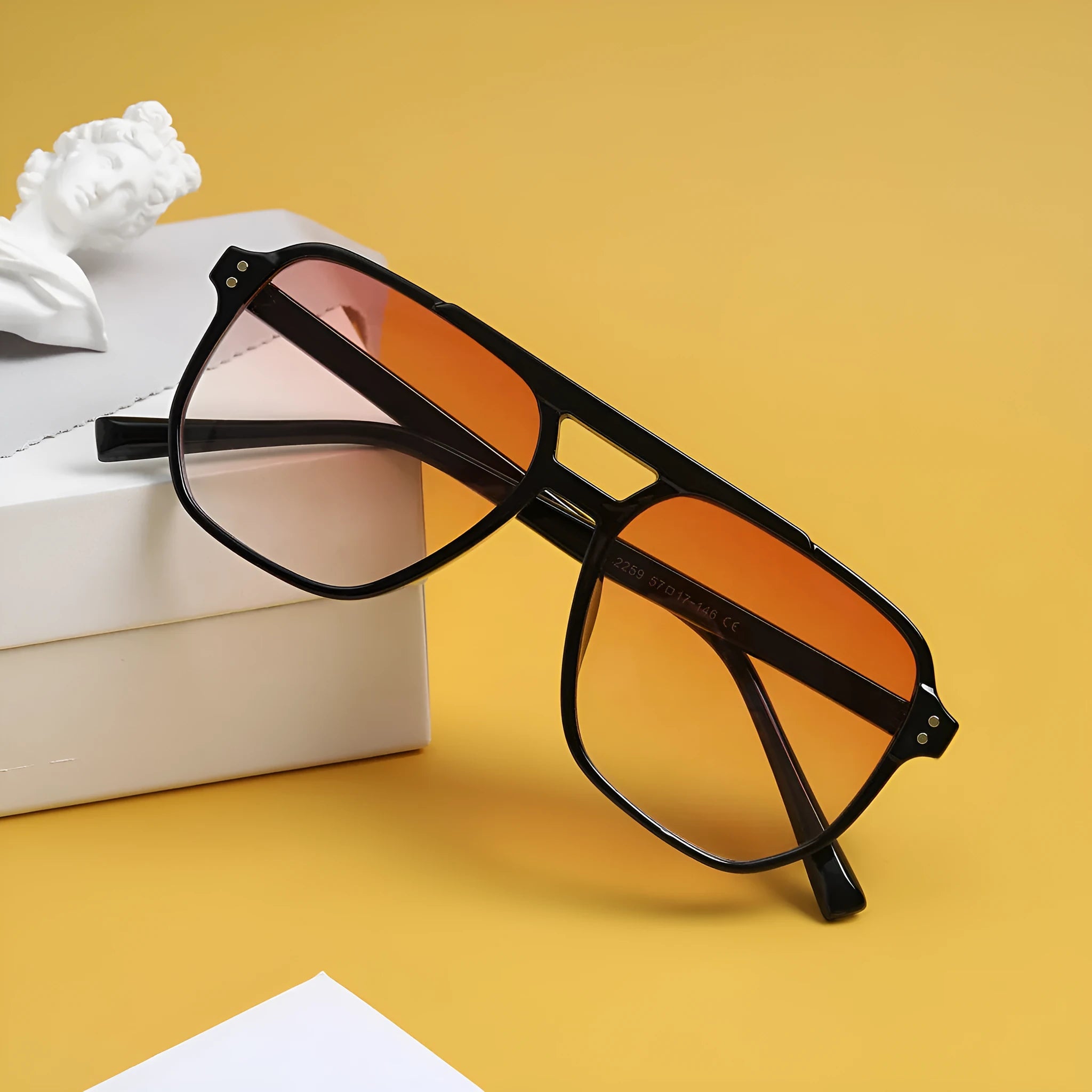 Women's square double beam fashion sunglasses with full-frame design in multiple colour options including bright black and light tea