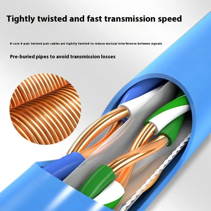 A blue 305 metre reel of Cat 6/6A gigabit Ethernet cable with oxygen-free copper core.
