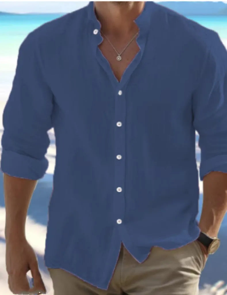 Men's light grey long-staple cotton casual pullover shirt on a hanger.