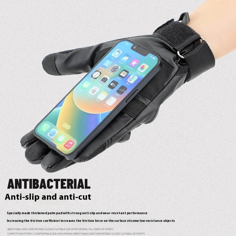 Men's tactical gloves in black, green, and yellow colours showing full finger design with touch screen compatible fingertips