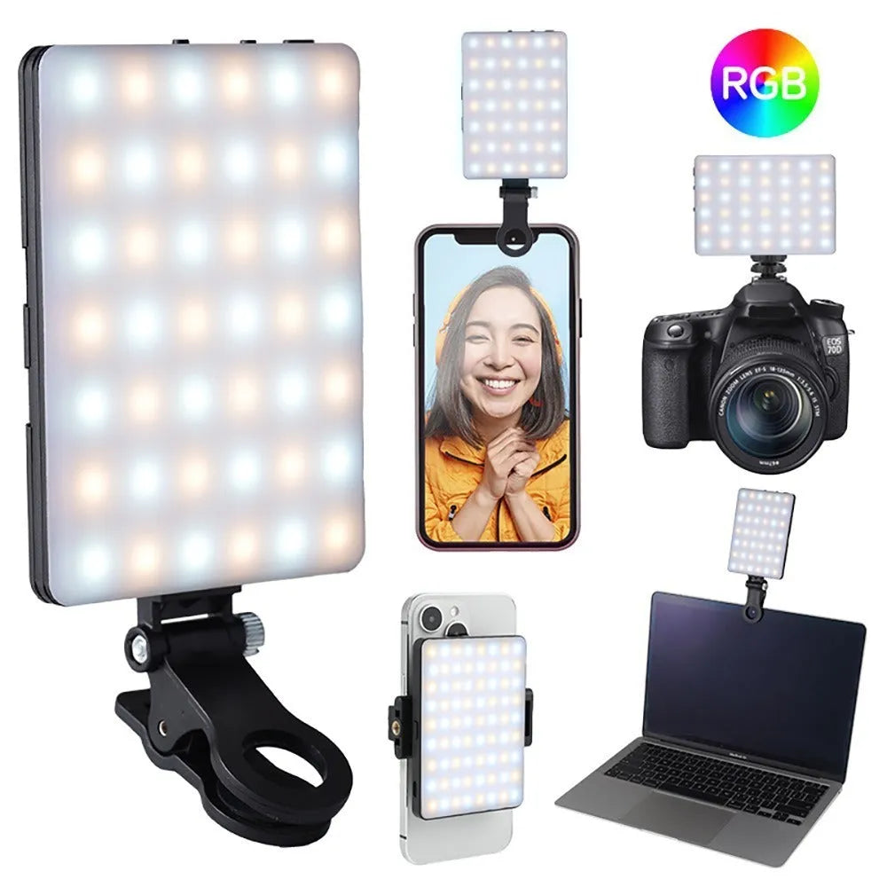 Portable LED fill light with clip attachment for mobile phone photography measuring 10.4 x 7.5 x 12.5 cm