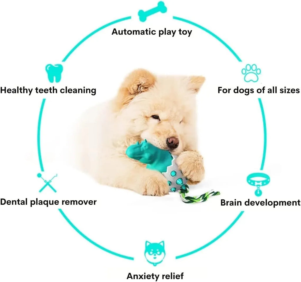 Blue dinosaur-shaped dog chew toy with textured rubber surface and attached nylon rope