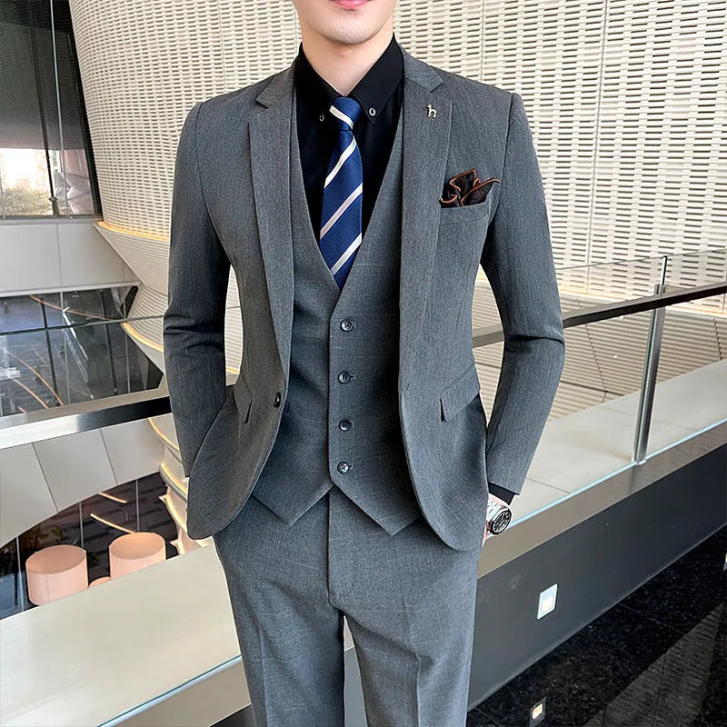 Men's slim fit British style suit in cotton blend fabric available in black and dark grey colours