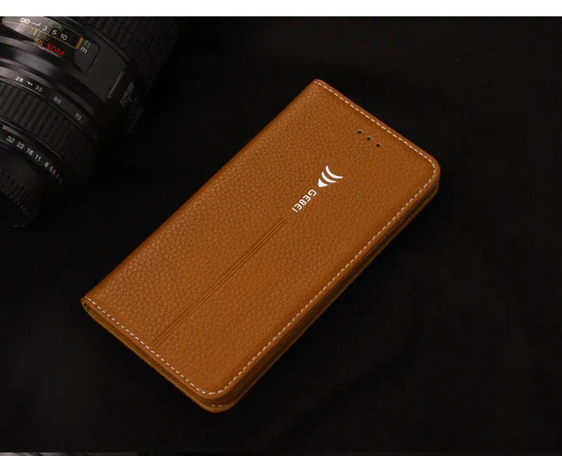Imported PU leather wallet case for iPhone in black, blue, brown, khaki, or pink with card slot.