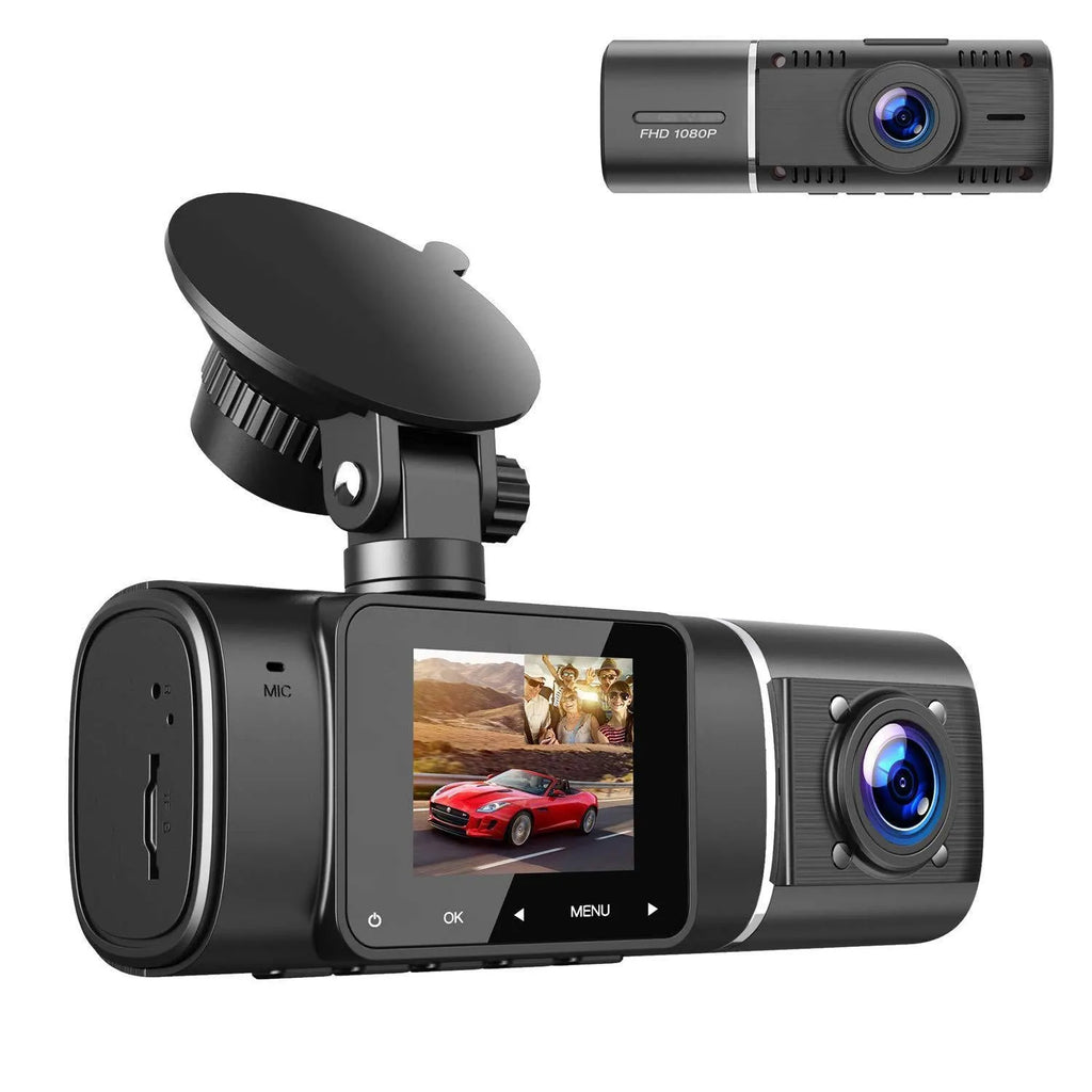 Standard black dual-channel dashboard camera with a 1.5-inch screen, shown with car charger and mounting stand.