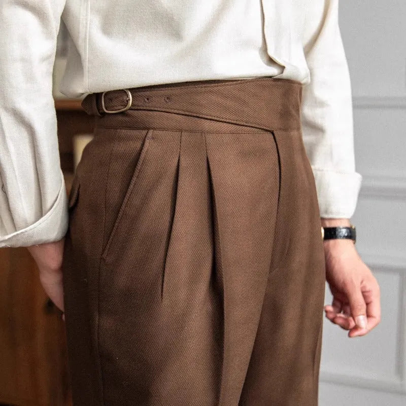 Men's high waist straight leg casual trousers in polyester fabric showing classic fit and straight silhouette