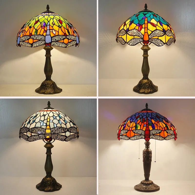 Stone Tiffany-style table lamp with a detailed dragonfly design in multiple colour options.