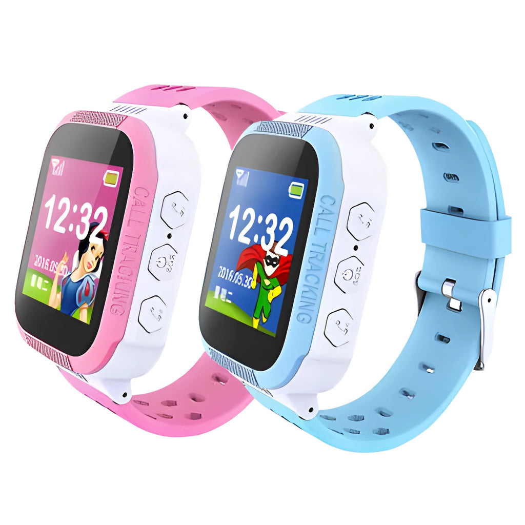 Blue children's phone watch showing 1.44 inch IPS screen with USB 3.0 charging port visible