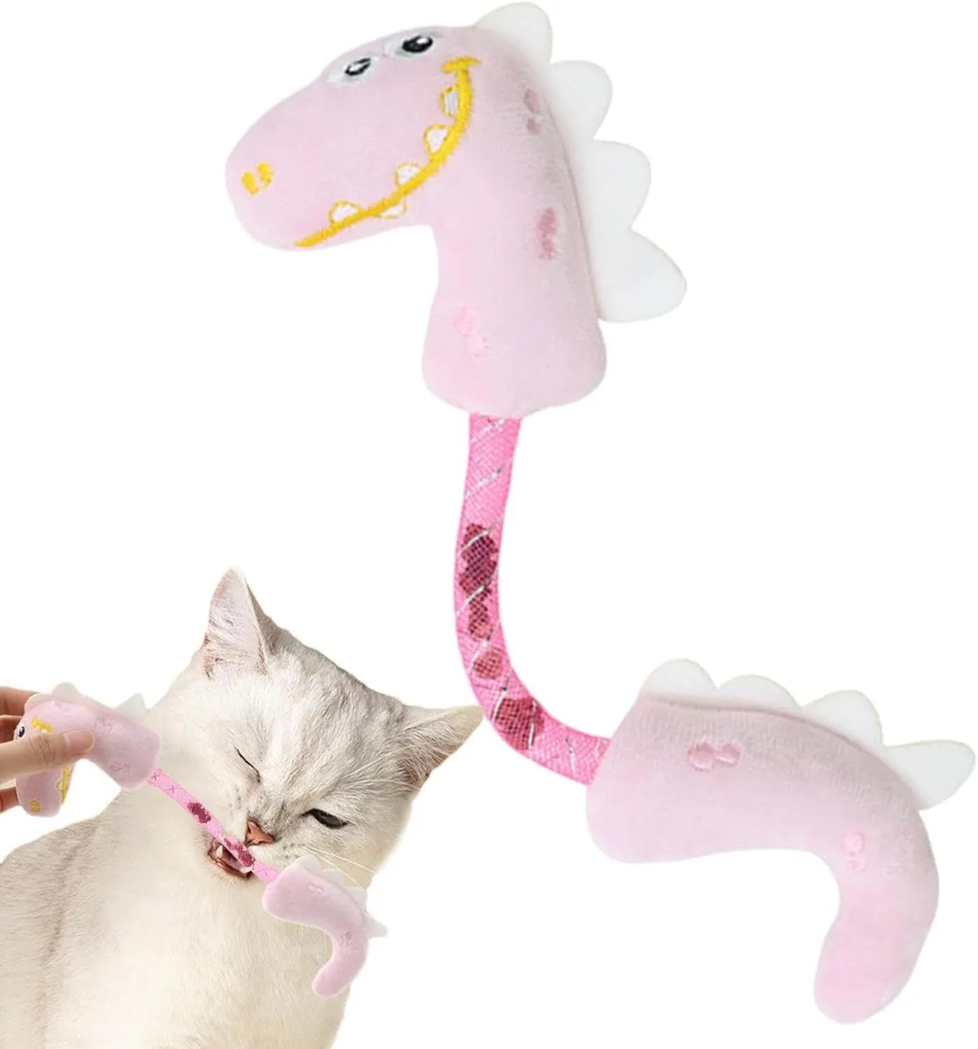 Assortment of cat toys including chew toys, rope toys, springs, and kicker toys in pink, purple and yellow