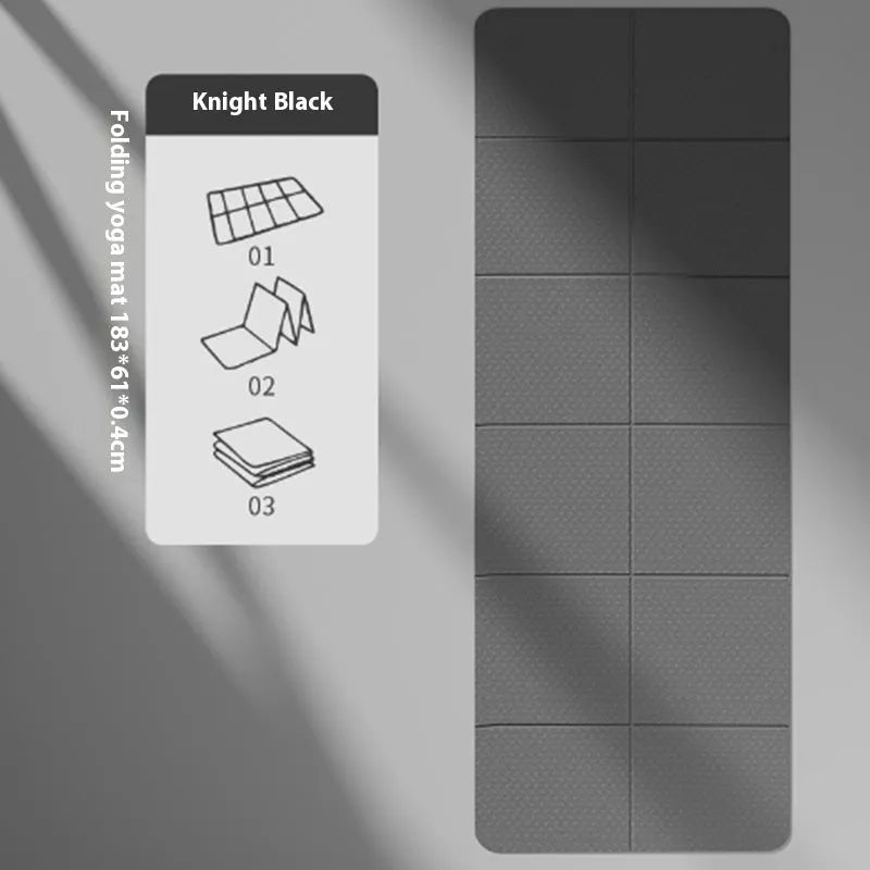 Folding purple TPE gymnastic mat, shown unfolded and folded into six sections