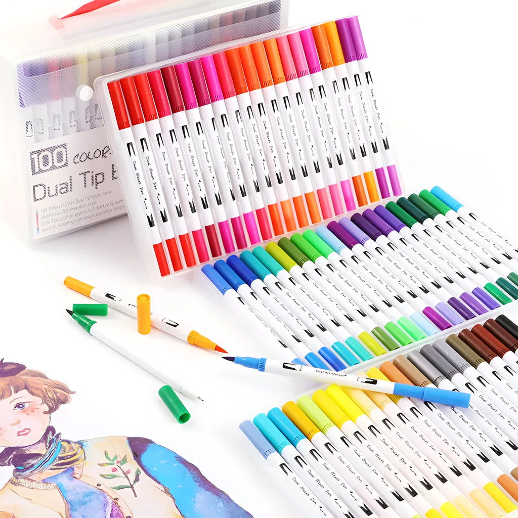 Set of 100 dual-tip watercolour brush pens with blendable ink for art and calligraphy.