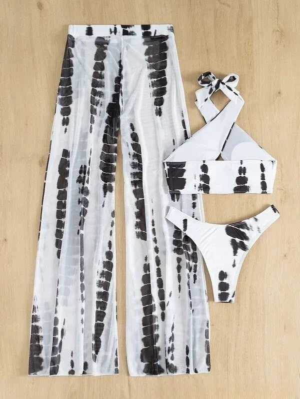Women's three-piece bikini swimsuit with mesh trousers in black or blue printing design