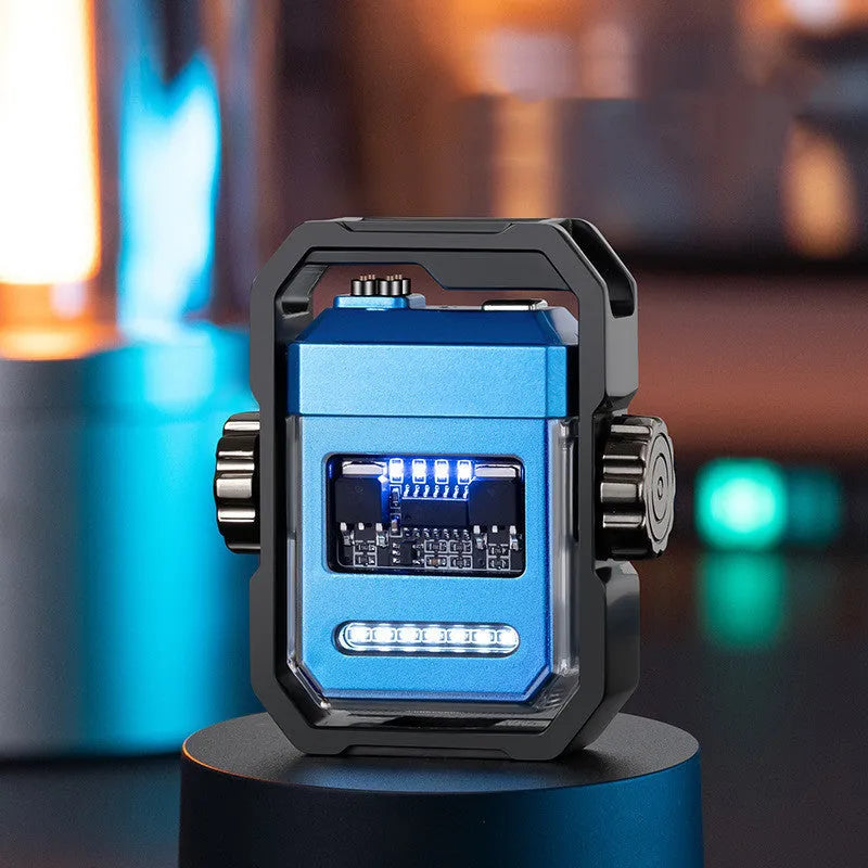 Blue zinc alloy windproof electric arc lighter unfolded, showing the double arc and mechanical gyroscope design.