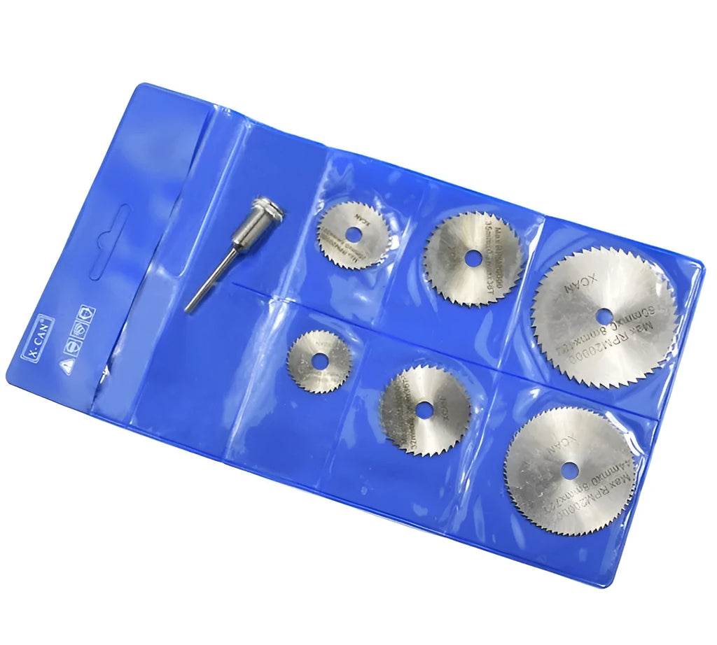 Set of six high-speed steel circular saw blades and a mandrel on a grey background.