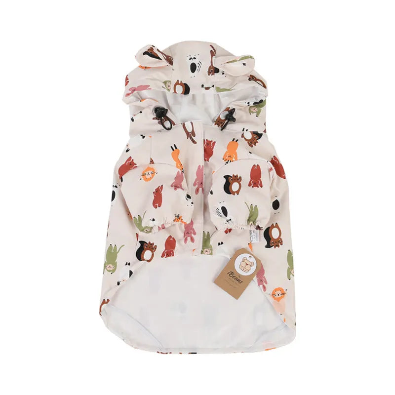 Beige cartoon print dog raincoat with double waterproof PU coating shown on a model dog.