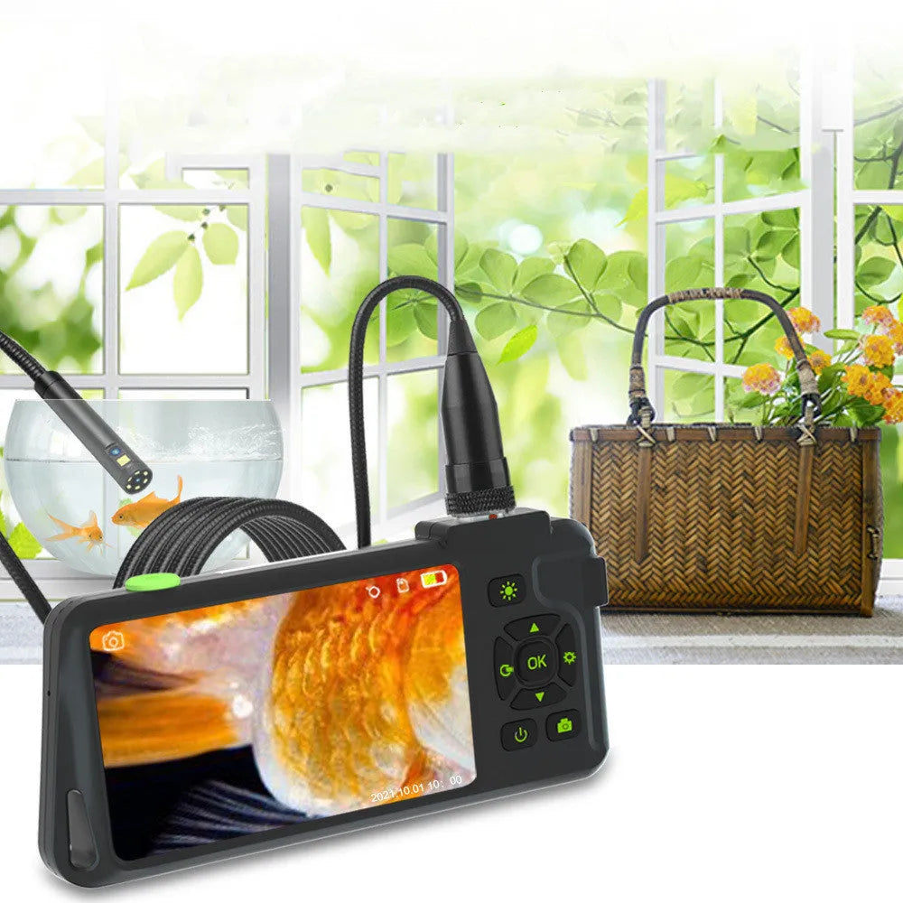 Handheld industrial endoscope with 4.5-inch colour screen and flexible inspection cable for automotive diagnostics