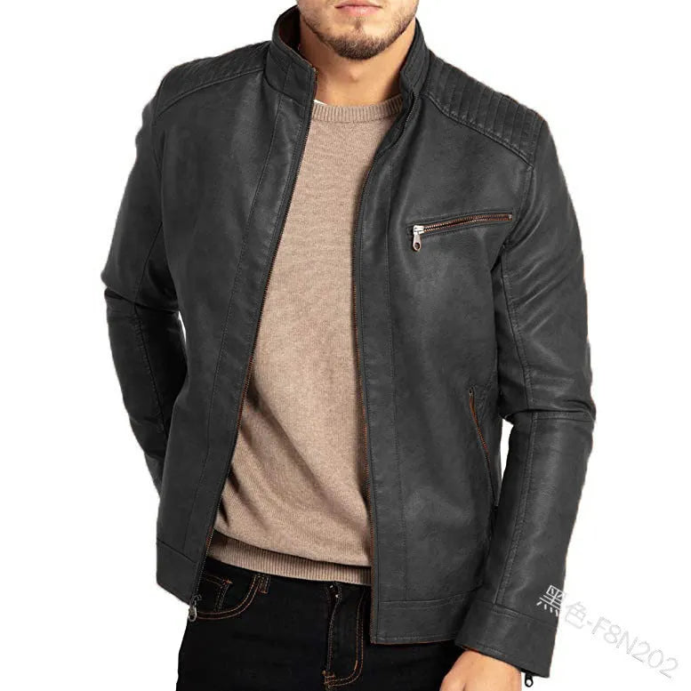 Men's brown artificial leather punk style motorcycle jacket with stand collar and patch pocket