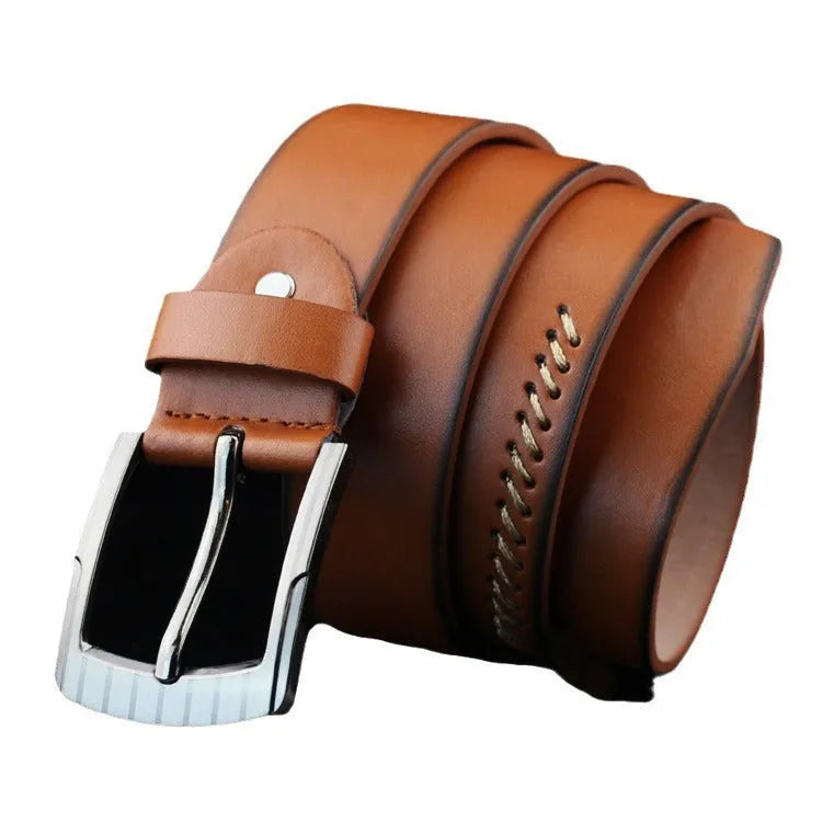 Men's casual pin buckle belt in black, brown or white colours showing threading pattern and alloy buckle