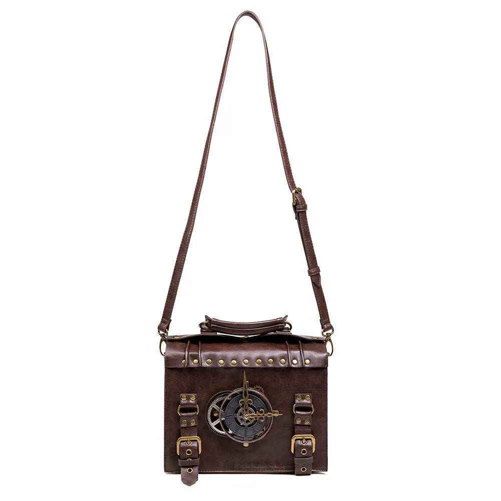 Bronze steampunk industrial retro shoulder bag with metal accents and pillow bag shape