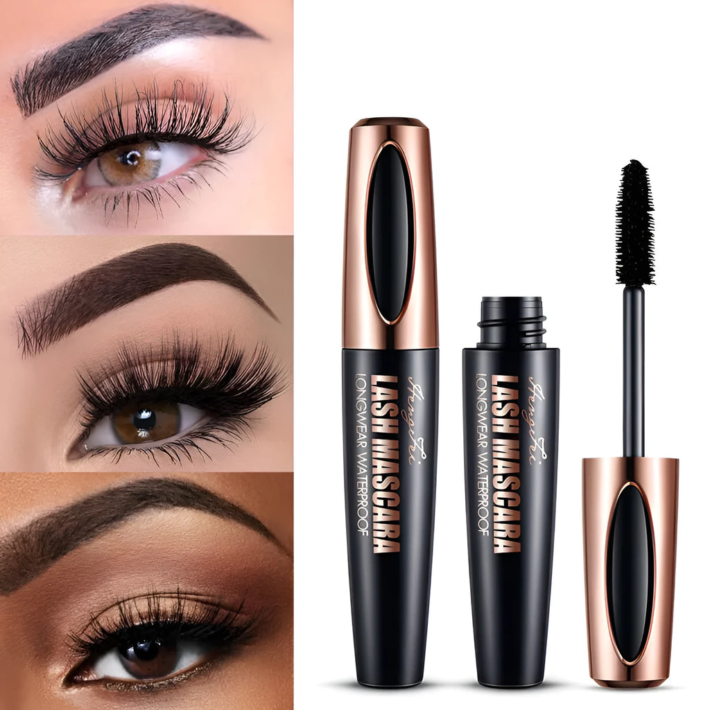 Black waterproof mascara tube showing thick long curling lash effect