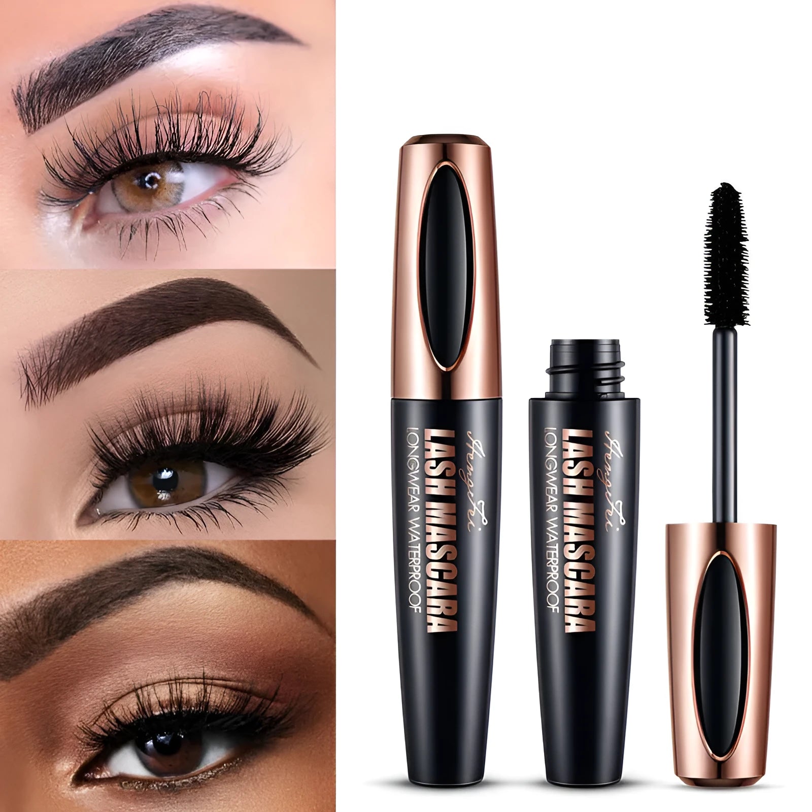 Black waterproof mascara tube showing thick long curling lash effect