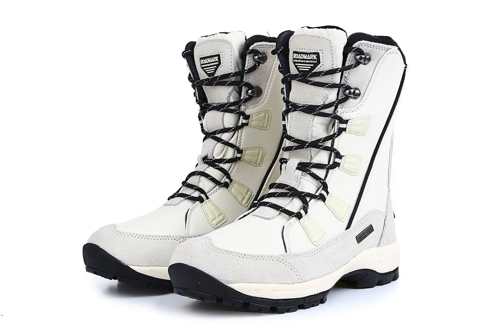 Women's black genuine leather waterproof snow boots with mid-calf length and non-slip rubber soles