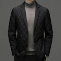 Men's lapel collar down jacket in black colour with side seam pockets