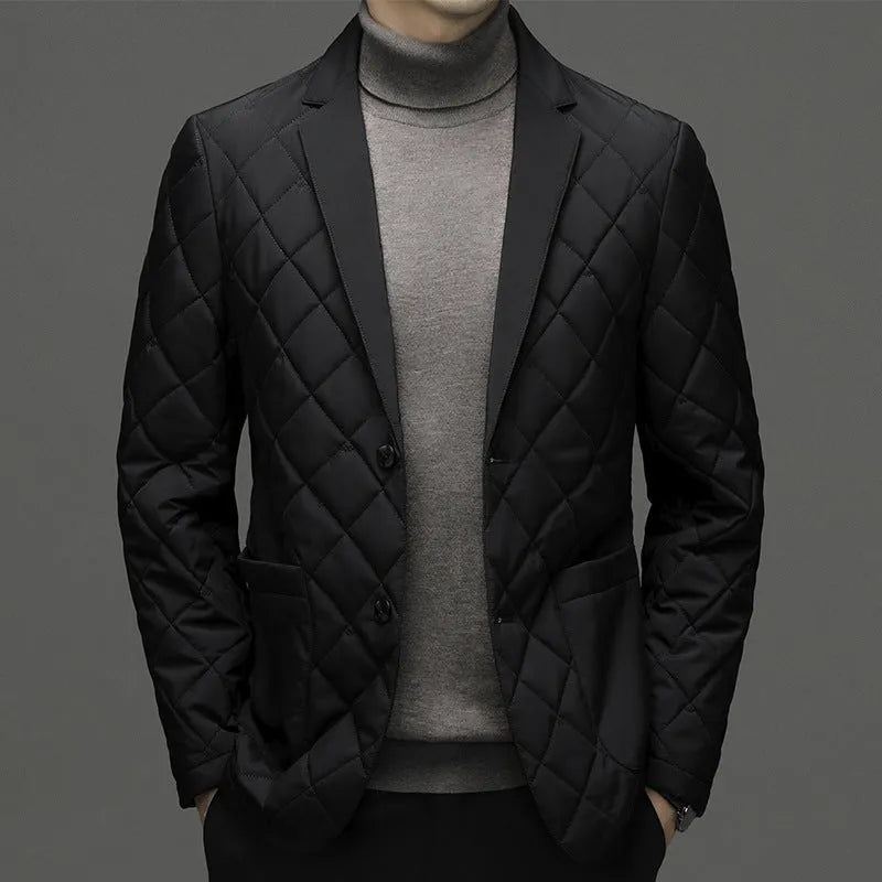 Men's lapel collar down jacket in black colour with side seam pockets