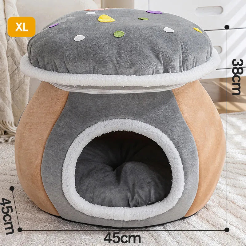 Mushroom-shaped cat nest in thick thermal plush rabbit fur with detachable design