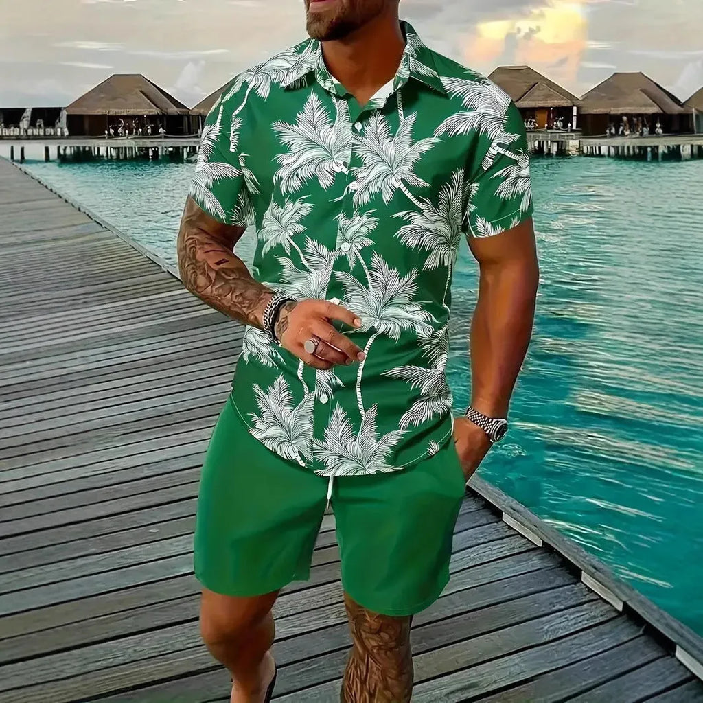 Men's Hawaiian shirt and shorts set with 3D printed tropical pattern design