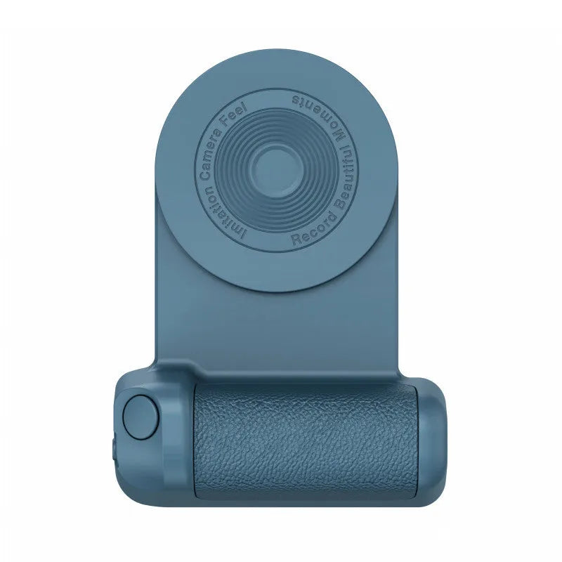 Black magnetic phone camera bracket with PU leather grip and adjustable tilt stand on a table