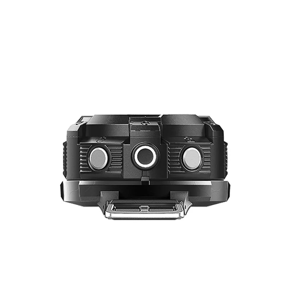 Black waterproof sports digital camera with compact design showing dimensions and SD card slot