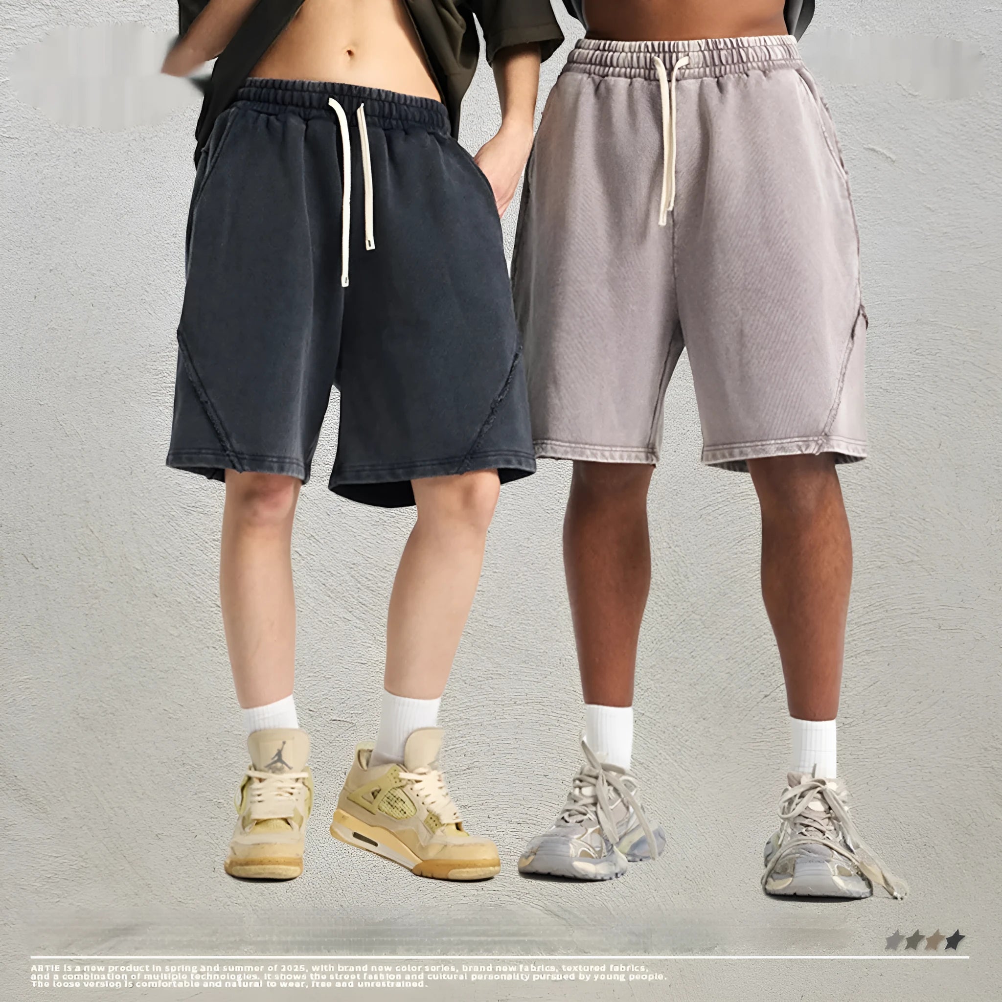 Man wearing loose-fit batik-dyed cotton terry shorts in a street fashion style.