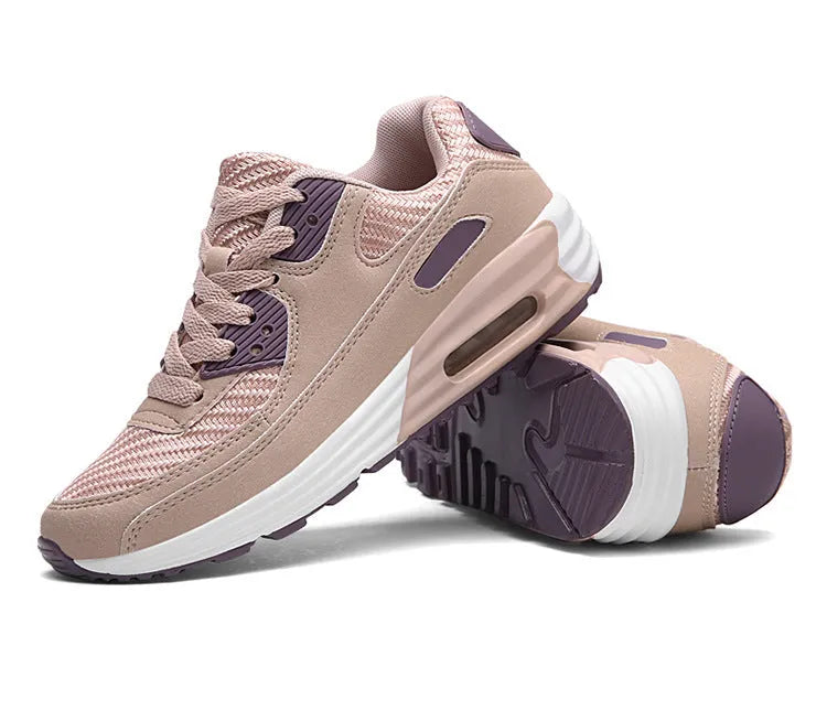 Women's low-heel casual shoes in beige orange, grey, or pink purple, showing a 3.5 cm heel.