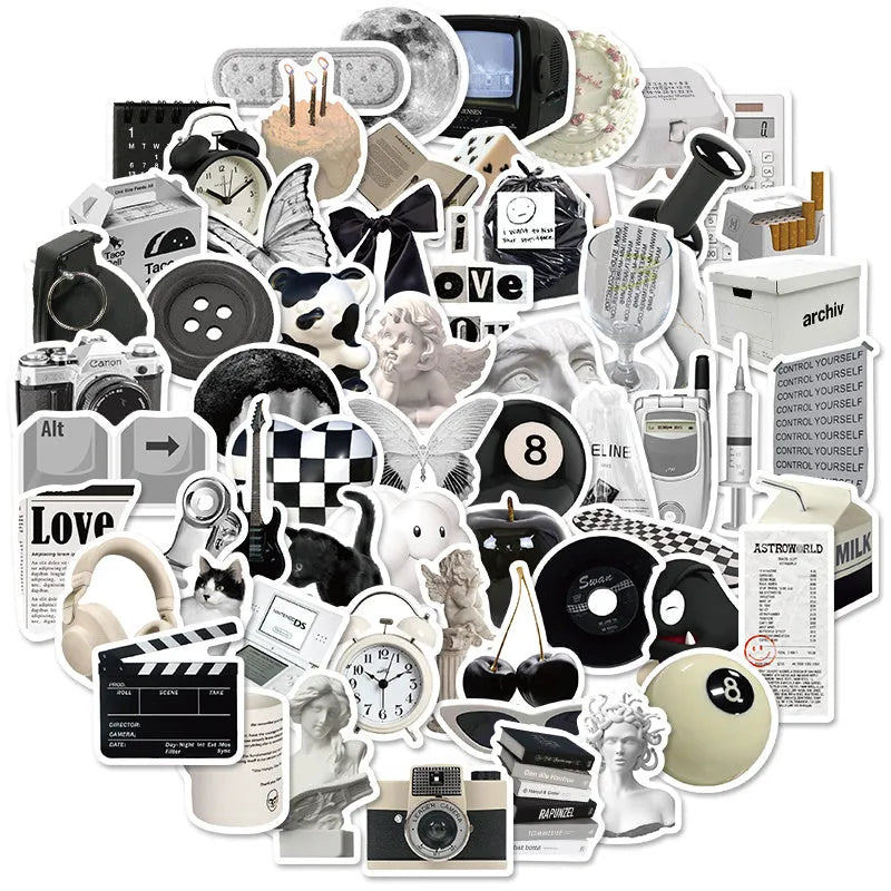 Black and white PVC waterproof sticker set with 61 painting designs for laptops and phones
