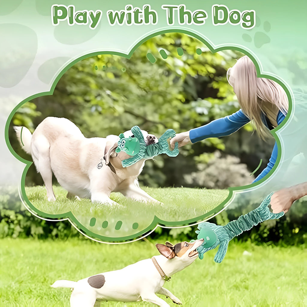 Large plush squeaky dog toy with a handle for tug of war, shown in a hippo design.