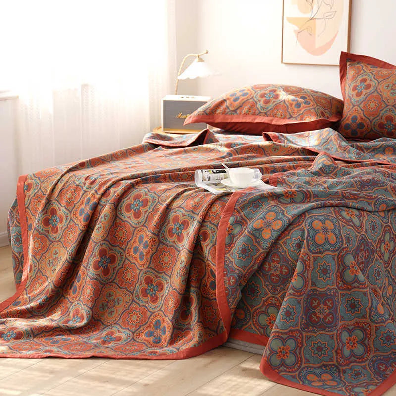 Cotton gauze bed blanket set with matching floral pillowcases in three size options