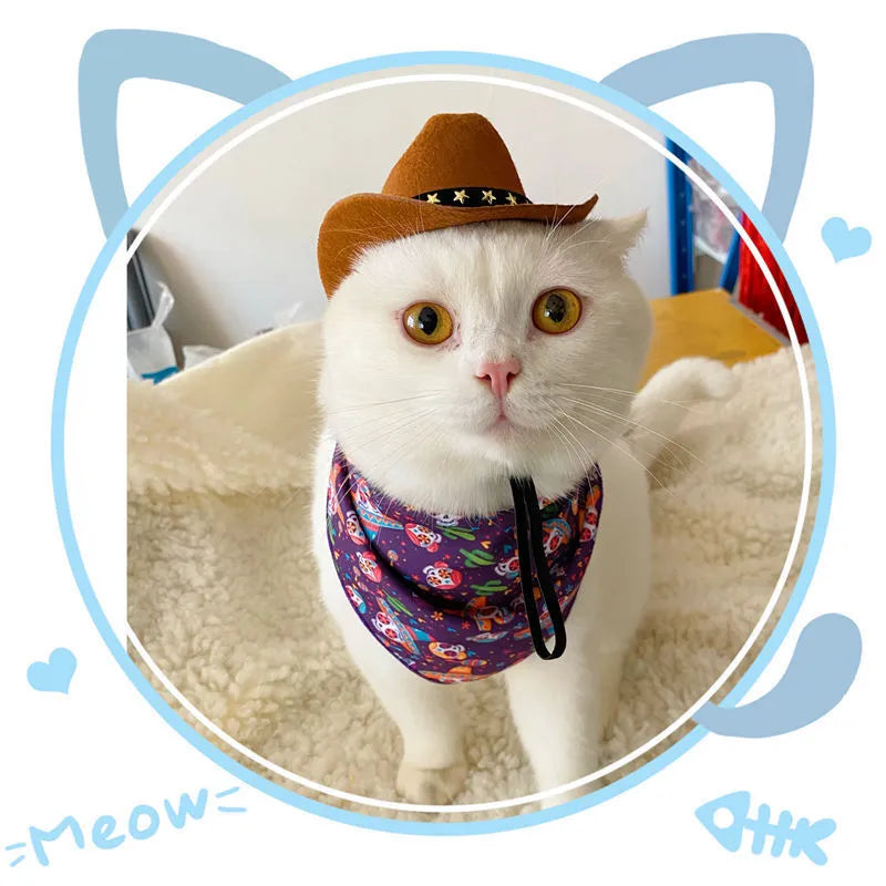 British cowboy style hat for a cat, made from brown non woven fabric with a black ribbon trim.