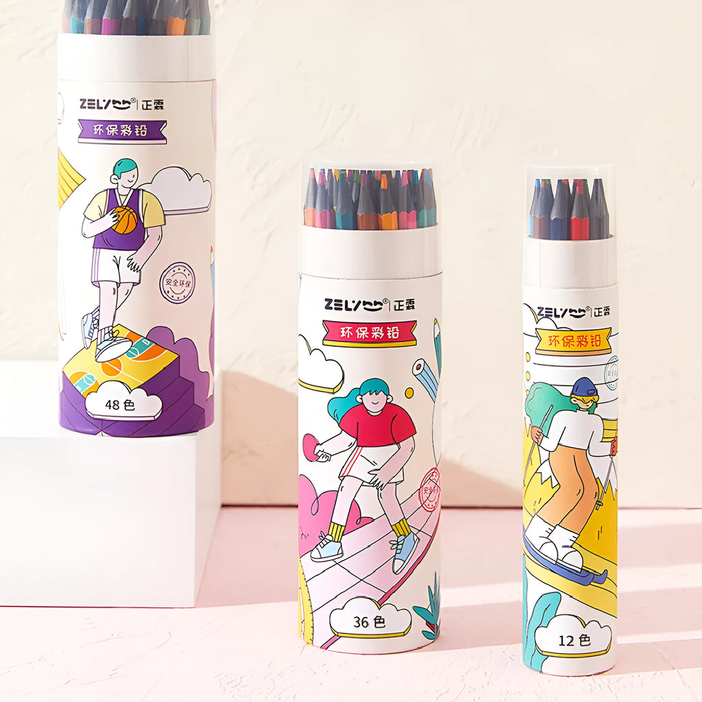 Zhenglin Sports Series coloured pencil sets in paper barrel case showing 24 and 36 colour options.