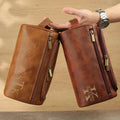 Men's black PU leather travel bag with seven compartments open, showing internal organisation