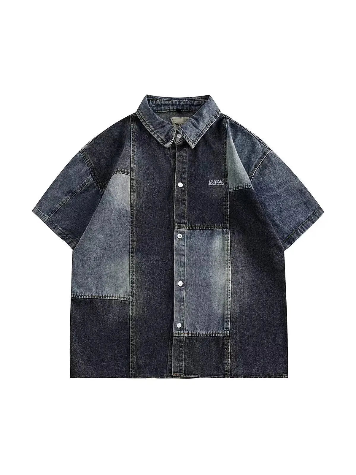 Blue Japanese-style retro denim shirt with washed stitching details, loose cardigan fit