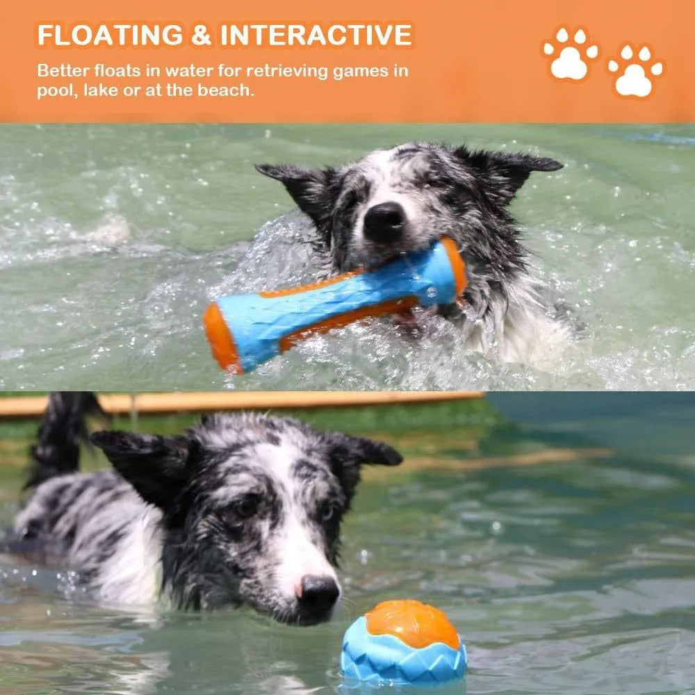 Three TPR floating dog toys: a ball, barbell, and tyre with bumpy textures for water fetch