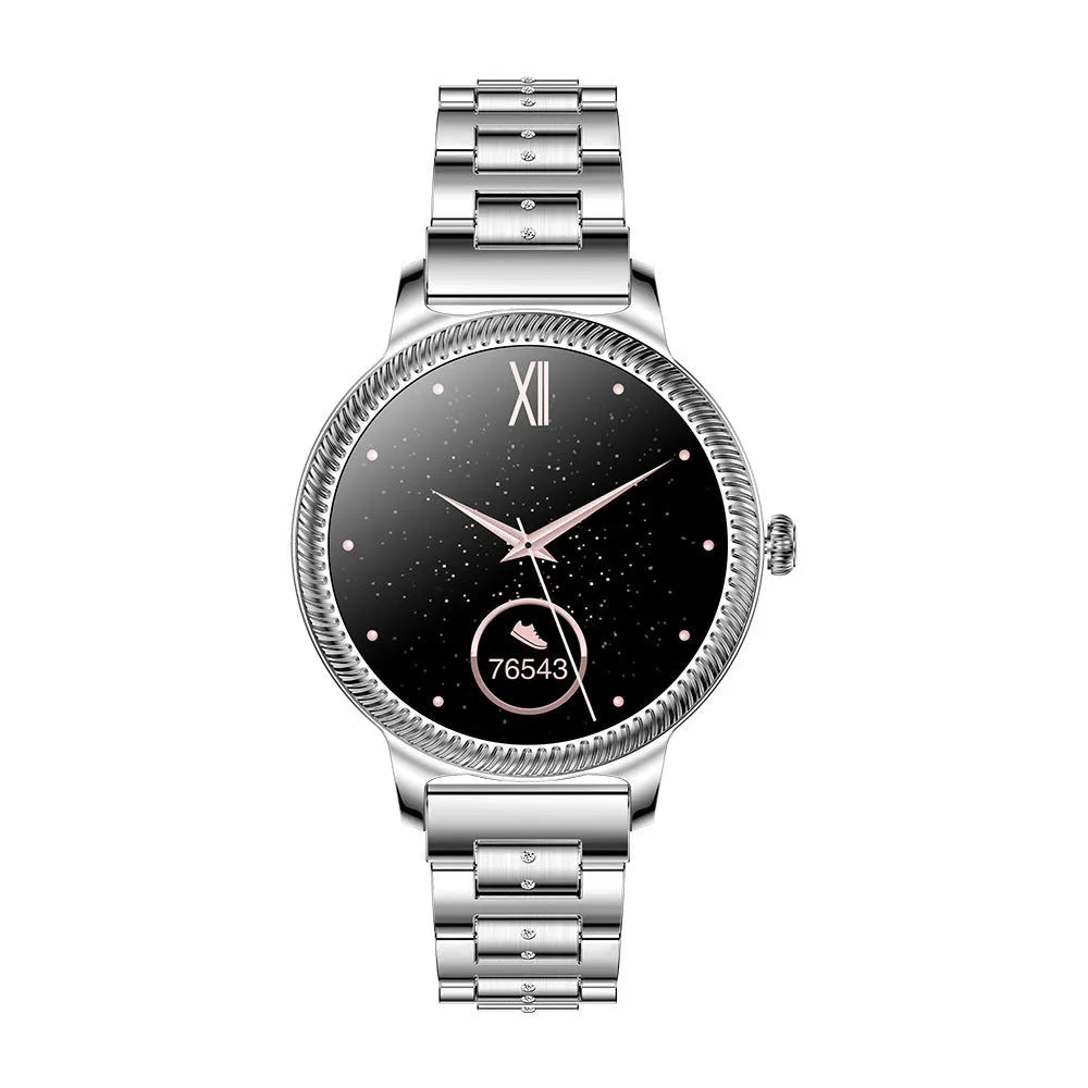 AK38 ladies smart watch with stainless steel Milanese band and 1.09-inch colour screen