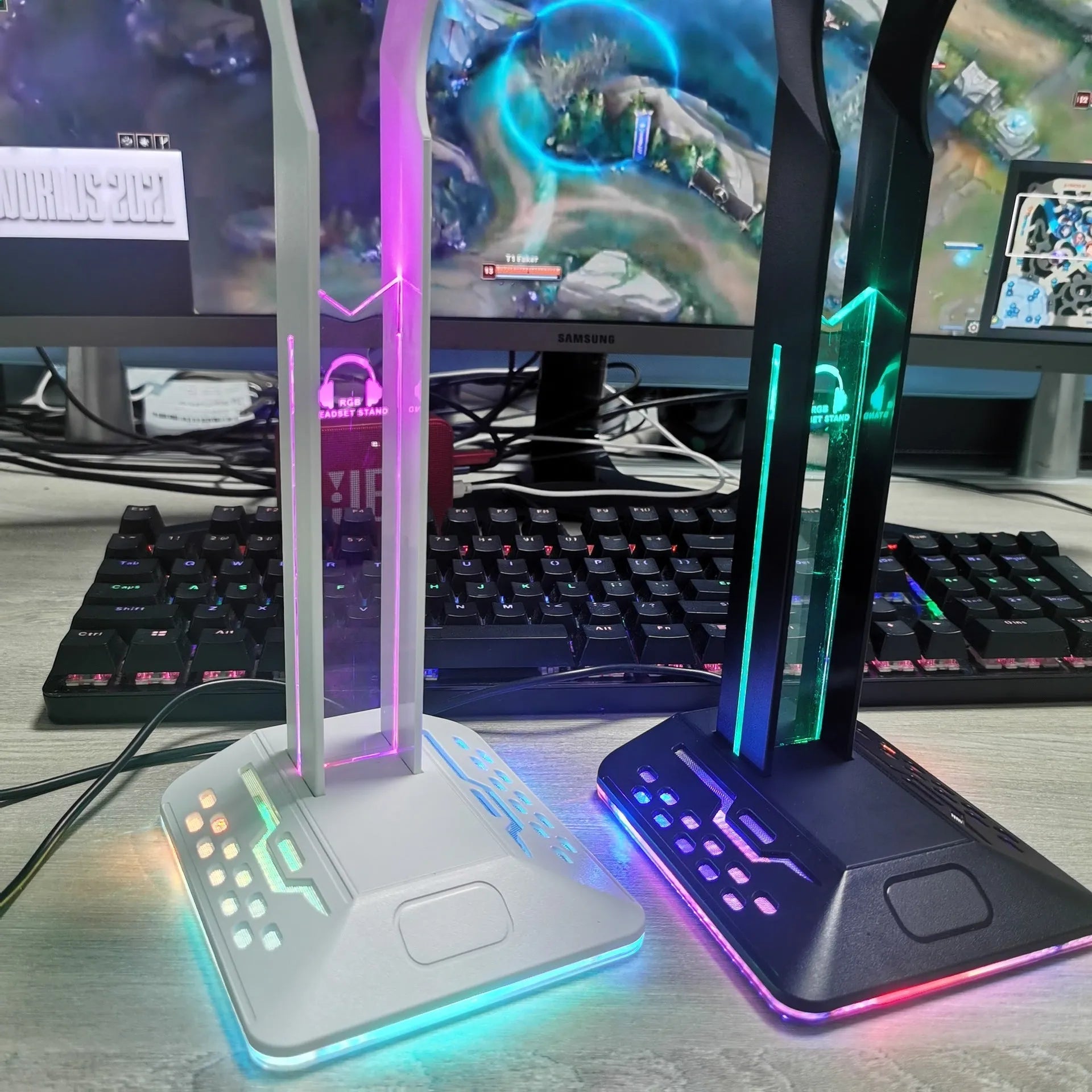 RGB colour changing headphone stand with dual USB hub showing black acrylic variant