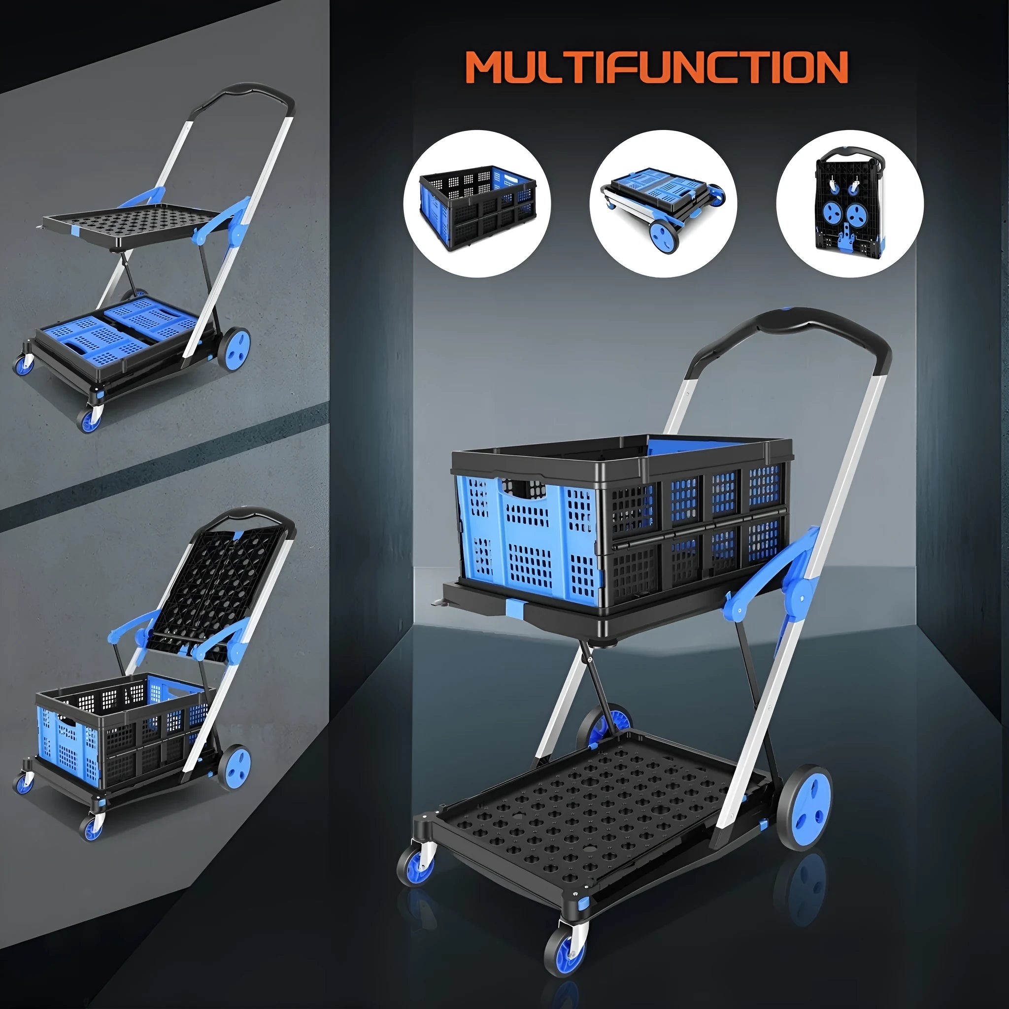 Foldable plastic shopping cart with two-basket design in blue colour variant